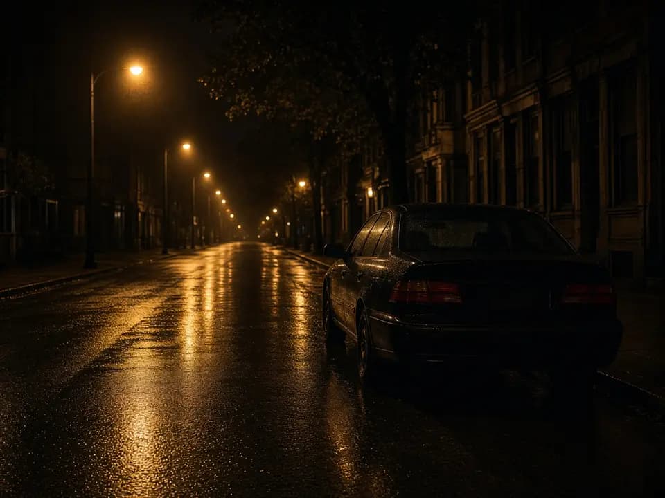 خیابان خیس شهر در شب، با نور چراغ و یک خودروی پارکشده